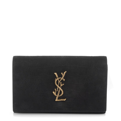 Saint Laurent Crocodile Embossed Nubuck Monogram Chain Wallet in Black 1 of 7