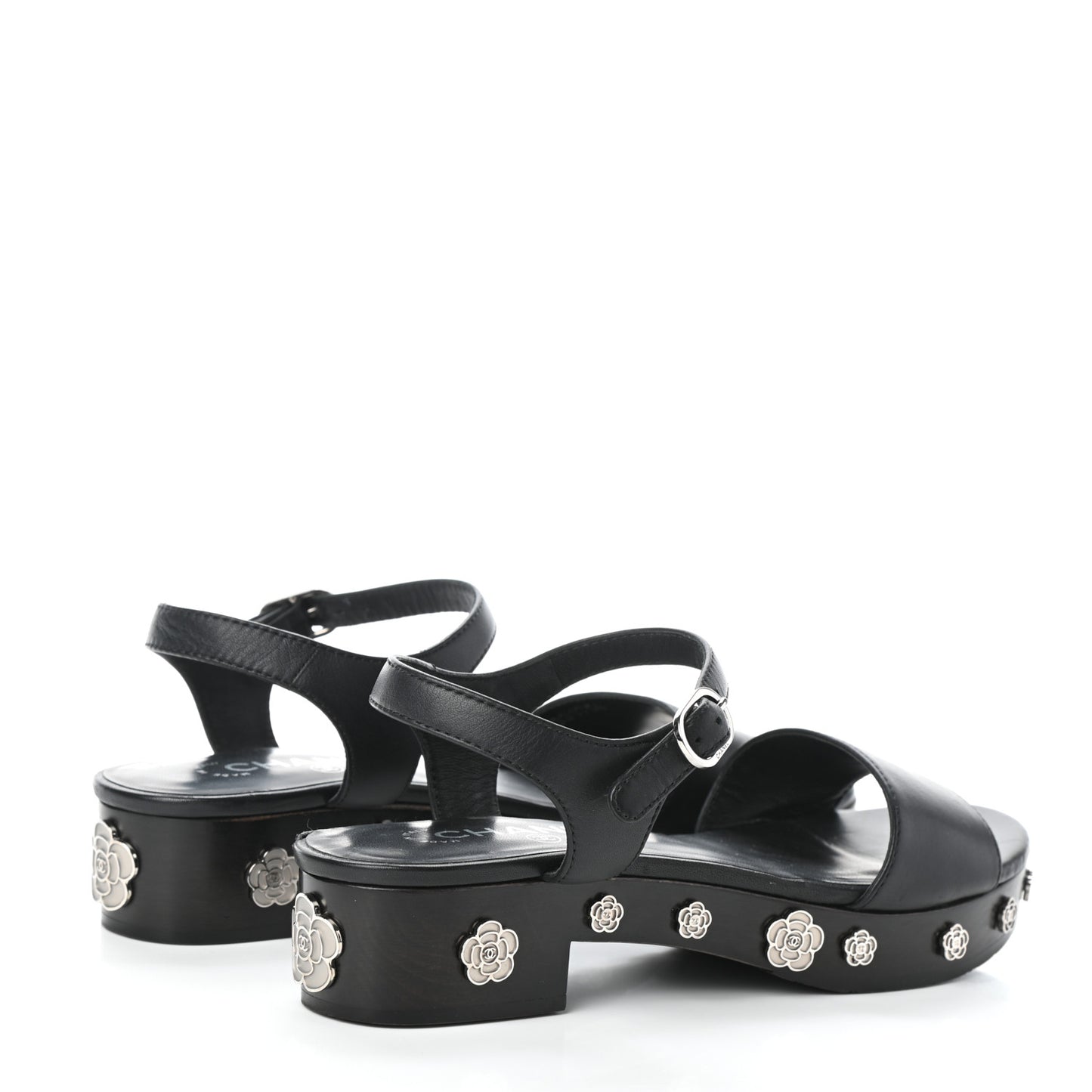 Calfskin Camellia Platform Sandals 37.5 Black