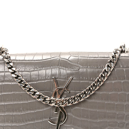 Saint Laurent Calfskin Crocodile Embossed Monogram Sunset Chain Wallet Grey 13 of 17