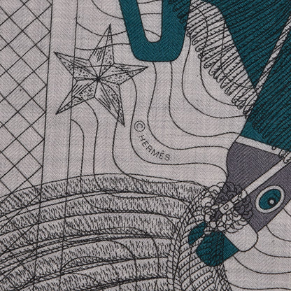 Hermes Cashmere Silk Imprimeur Fou Steeple Poste Shawl 140 Gris Clair Chine Anthracite Turquoise 5 of 6