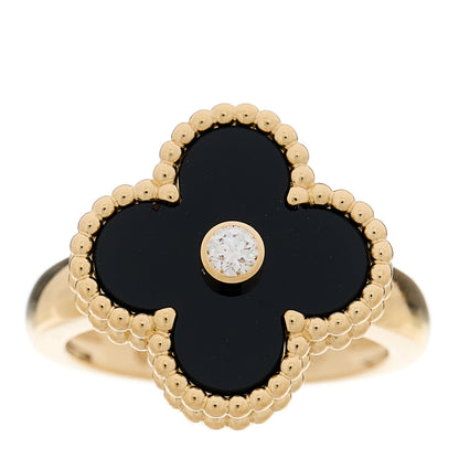 Van Cleef & Arpels 18K Yellow Gold Diamond Black Onyx Vintage Alhambra Ring 48 4.5 1 of 7