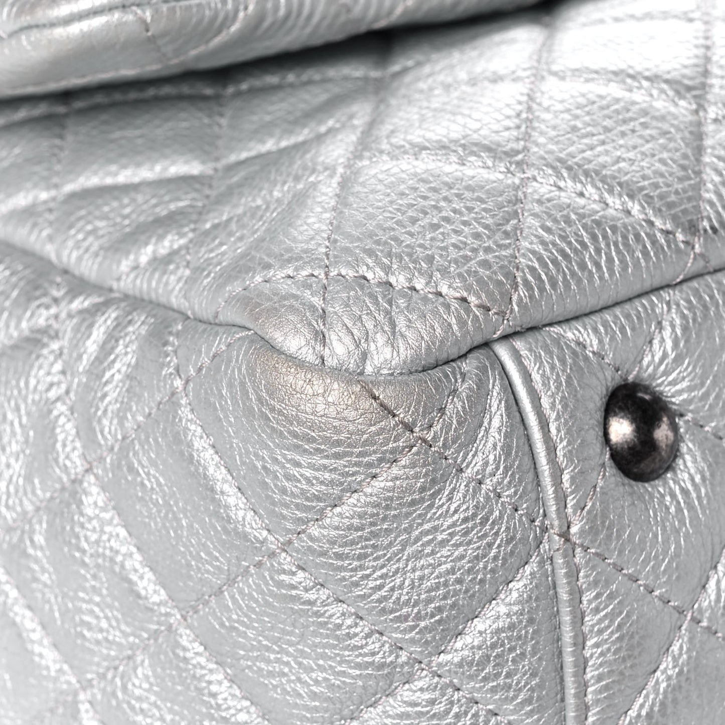 Metallic Calfskin Quilted XXL Travel Flap Bag Silver