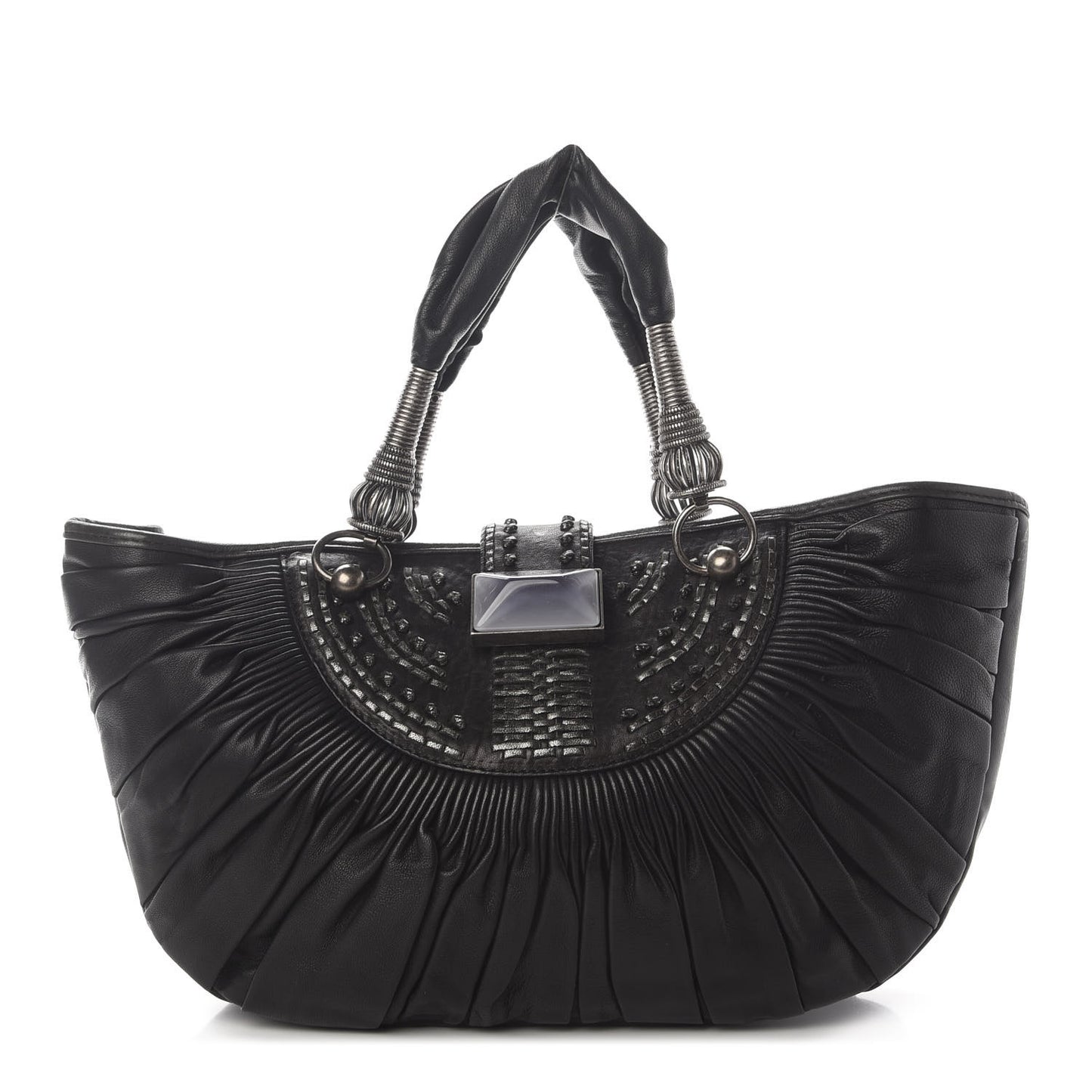 Lambskin Plisse Pleated Basket Tote Bag Black