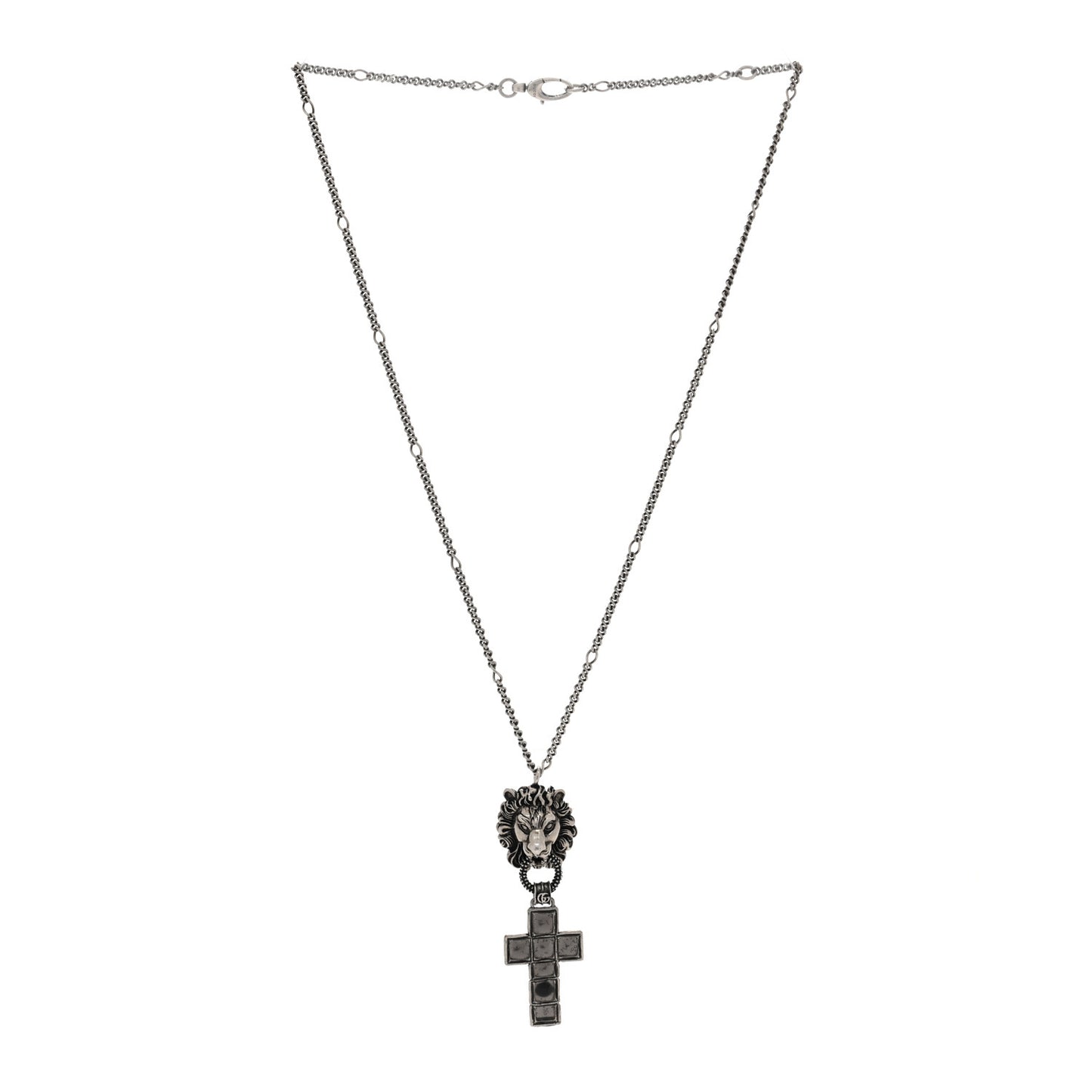Enamel Brass Lion Head Crucifix Necklace Black