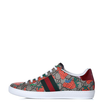 Gucci GG Supreme Monogram Strawberry Web Womens Ace Sneakers 39 Beige Multicolor Red Green 1 of 10