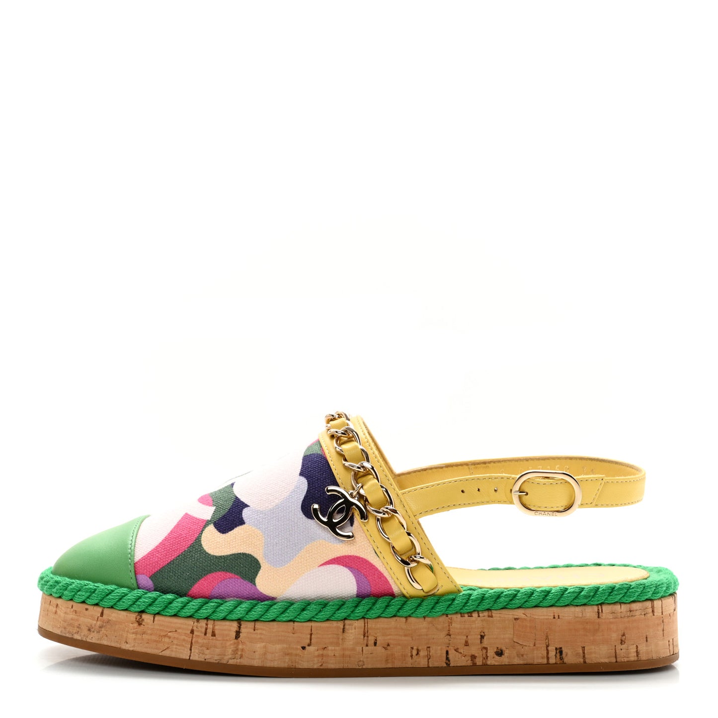 Lambskin Cotton Cork Printed Cap Toe Chain Mules Sandals 36 Multicolor Green