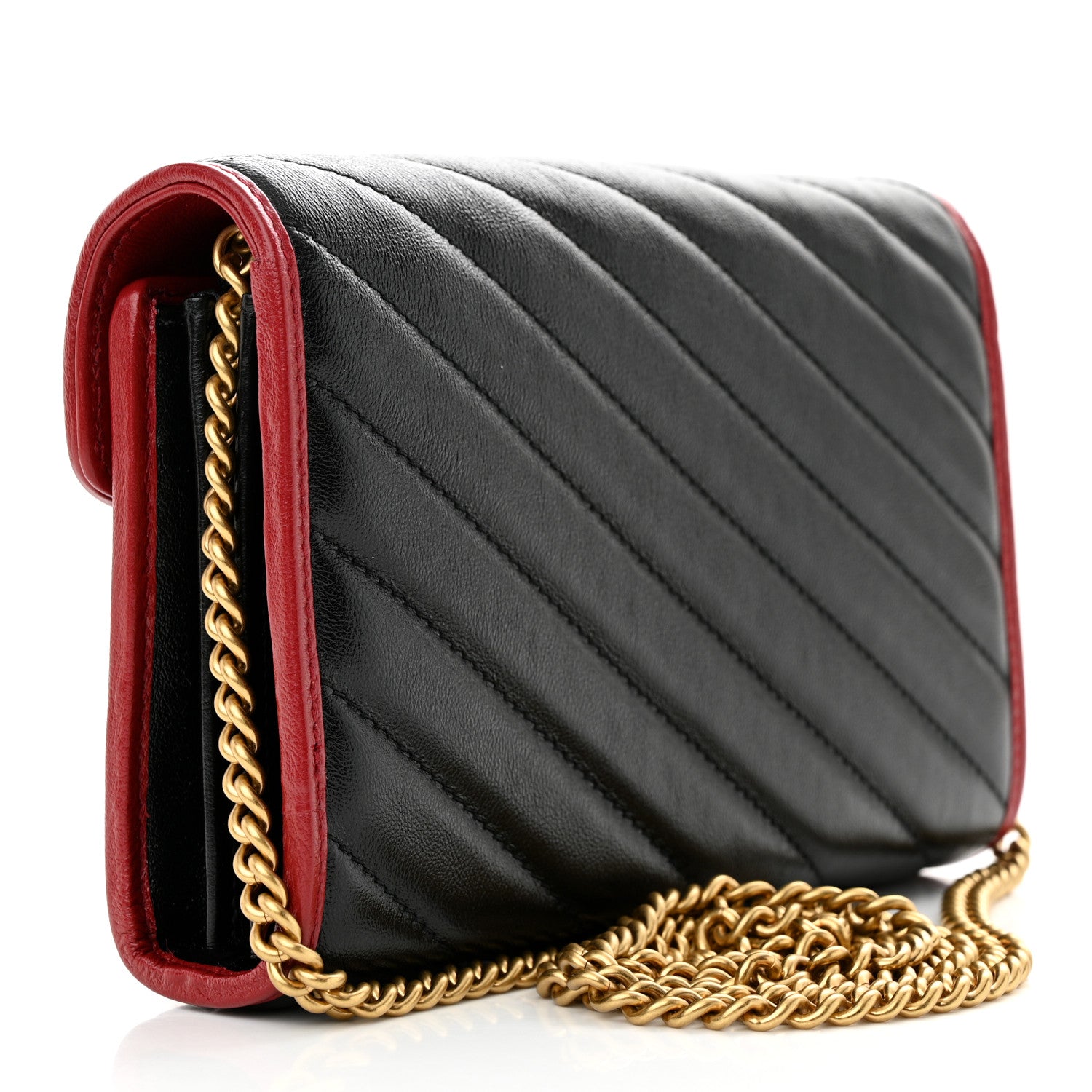 Gucci Vintage Effect Calfskin Matelasse Diagonal Torchon GG Marmont Chain Wallet Black Romantic Cherry 3 of 11