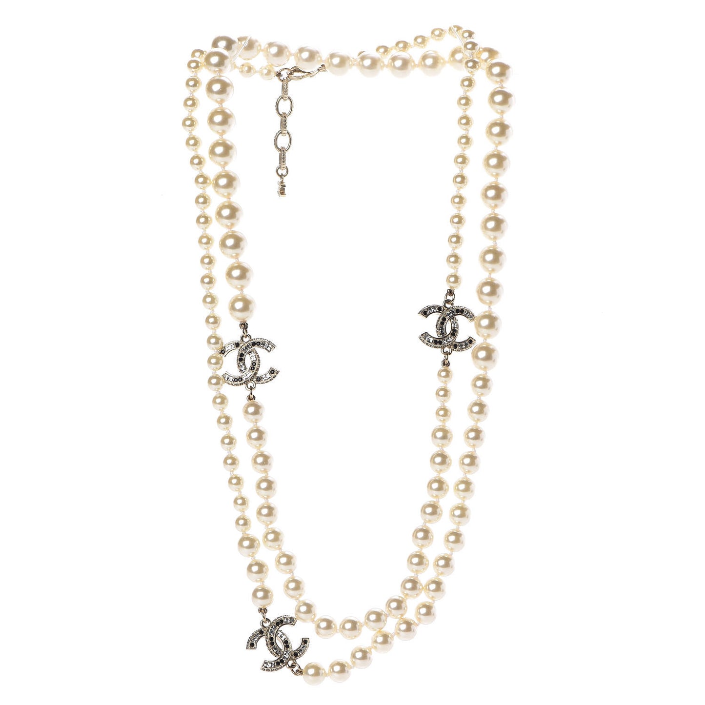 Pearl Crystal CC Long Necklace Black Gold