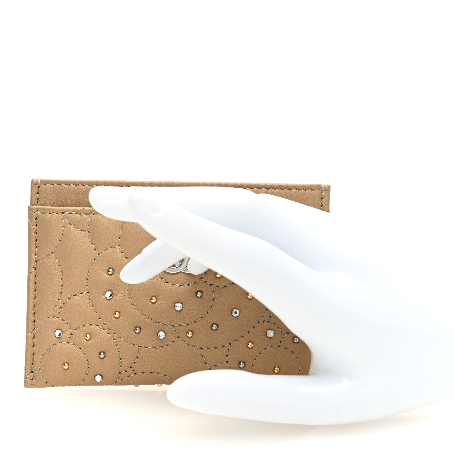 Metallic Lambskin Crystal Camellia Embossed Card Holder Gold