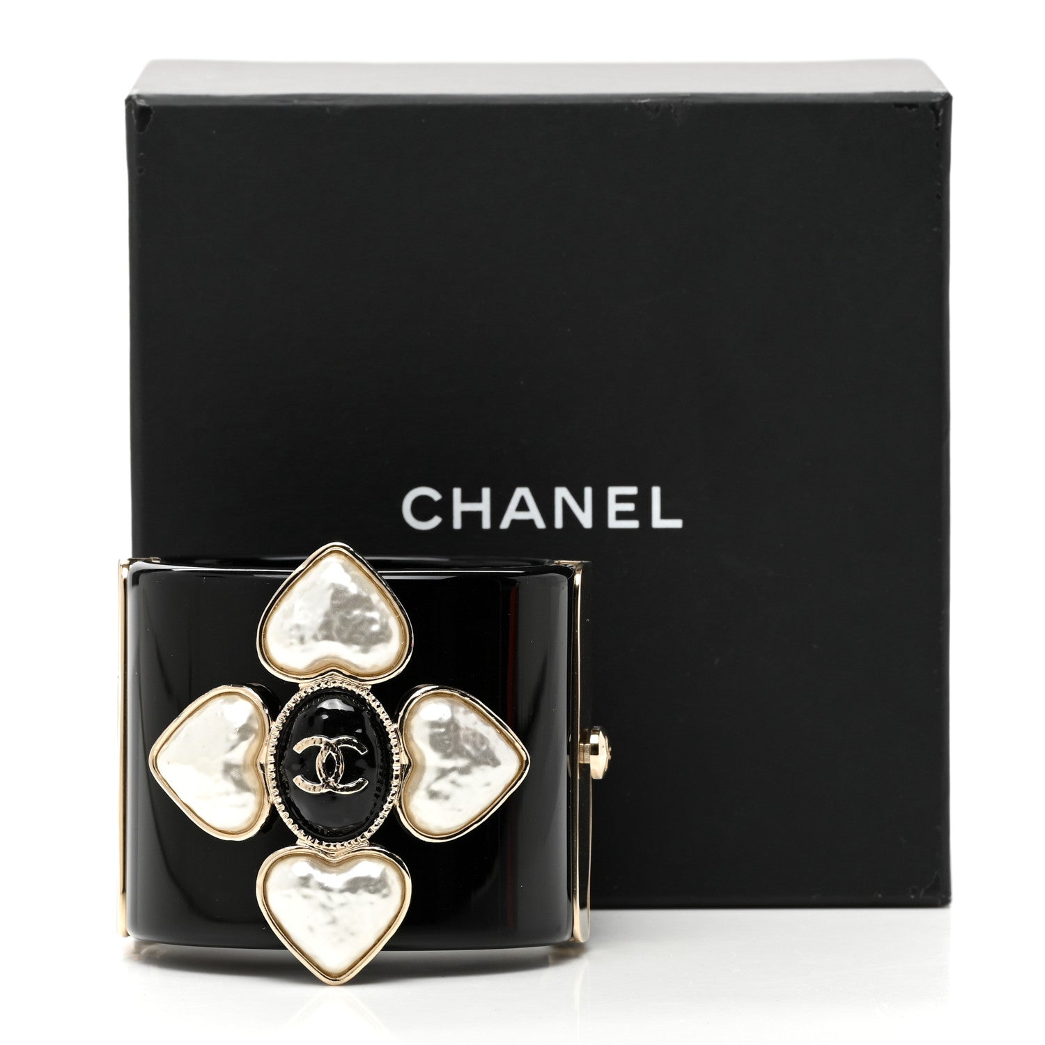 Chanel Resin Pearl Enamel CC Cuff Bracelet Black Pearly White Gold 5 of 5