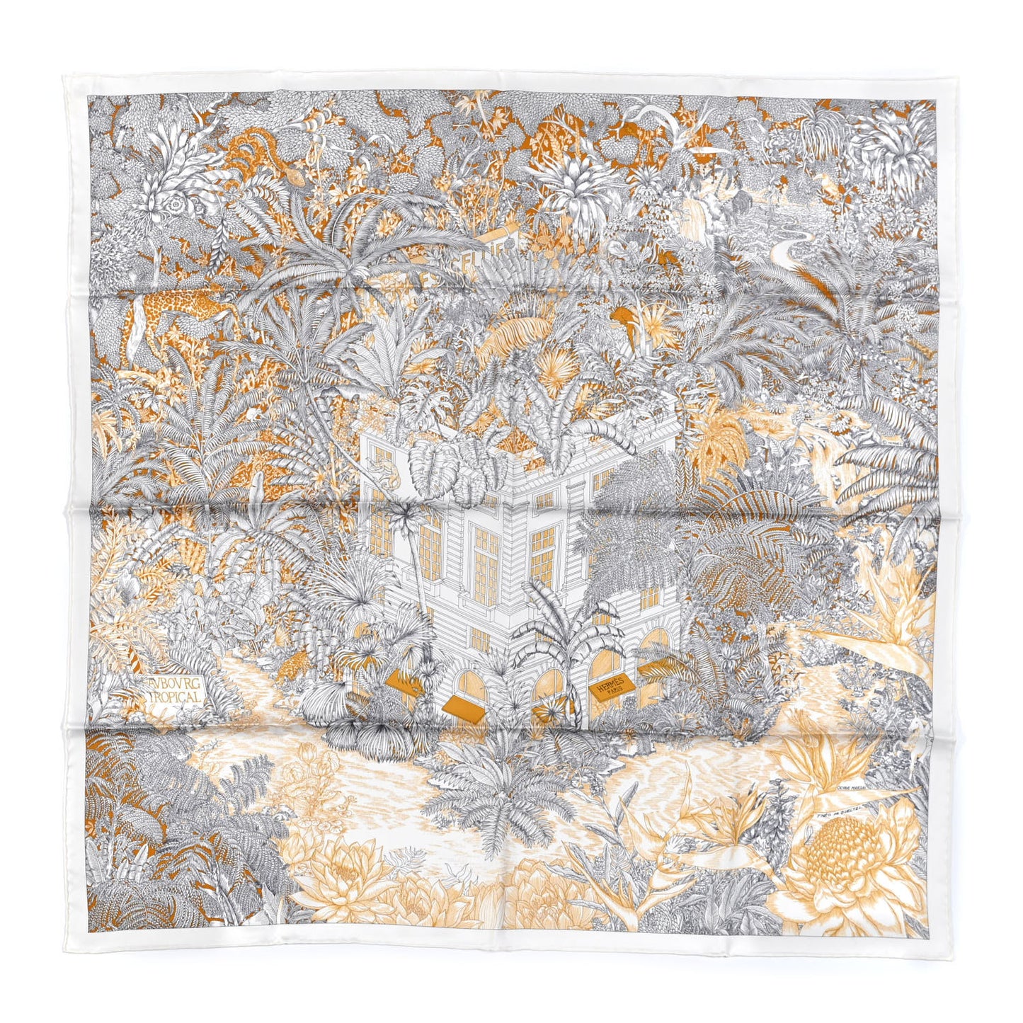 Silk Faubourg Tropical Scarf 90 Sepia White Caramel