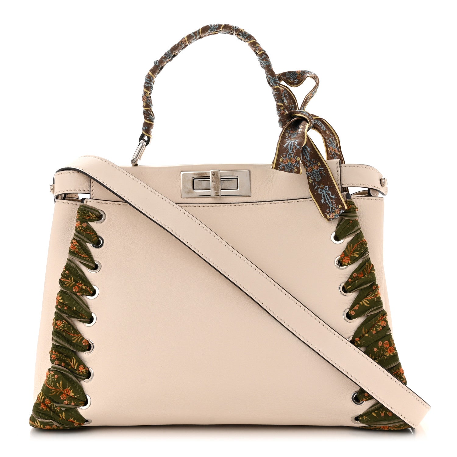 Fendi Vitello Seta Shiny Nappa Ribbon Lace Up Floral Medium Peekaboo Iconic Satchel Camelia Multicolor 1 of 10