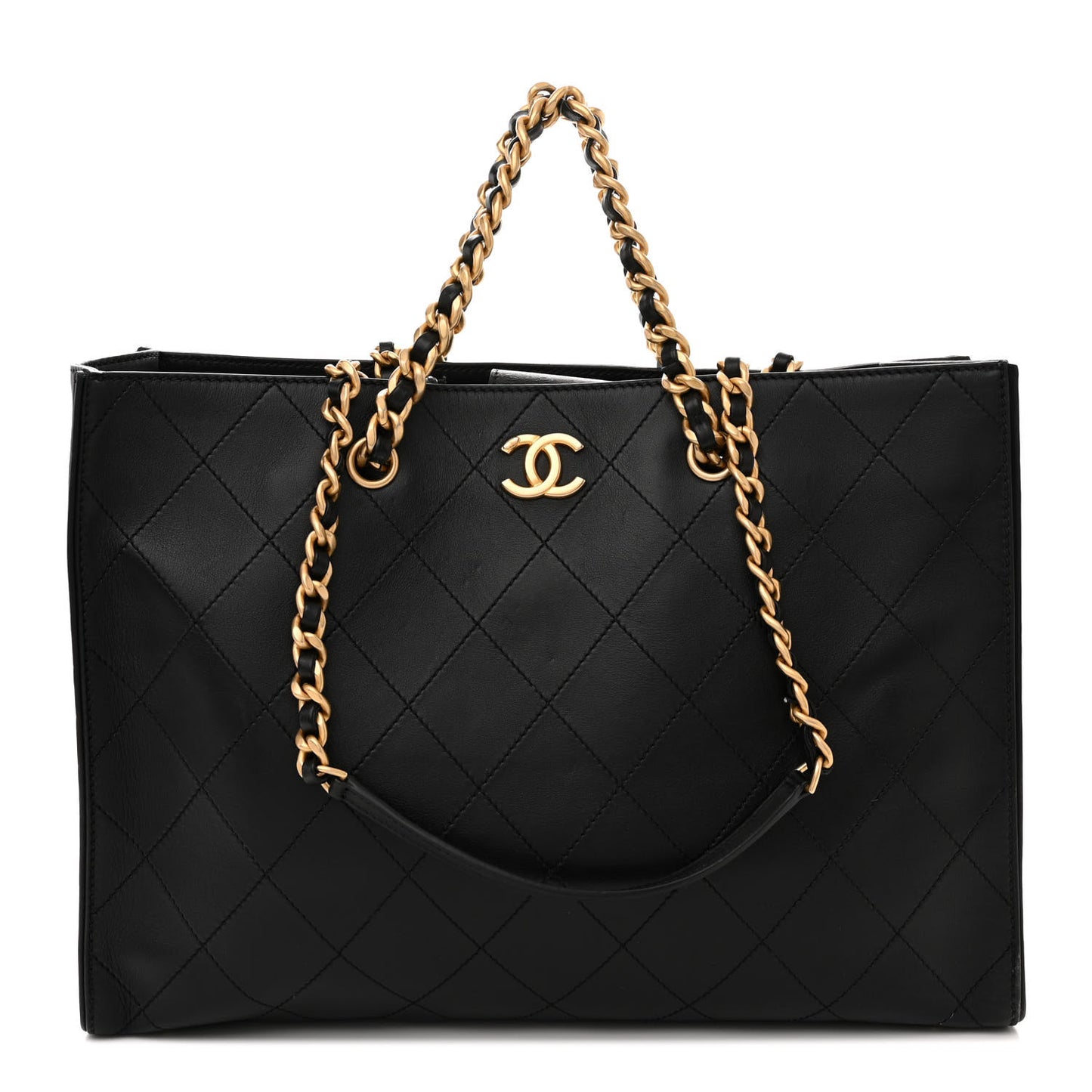Calfskin Stitched Large Shopping Tote Black