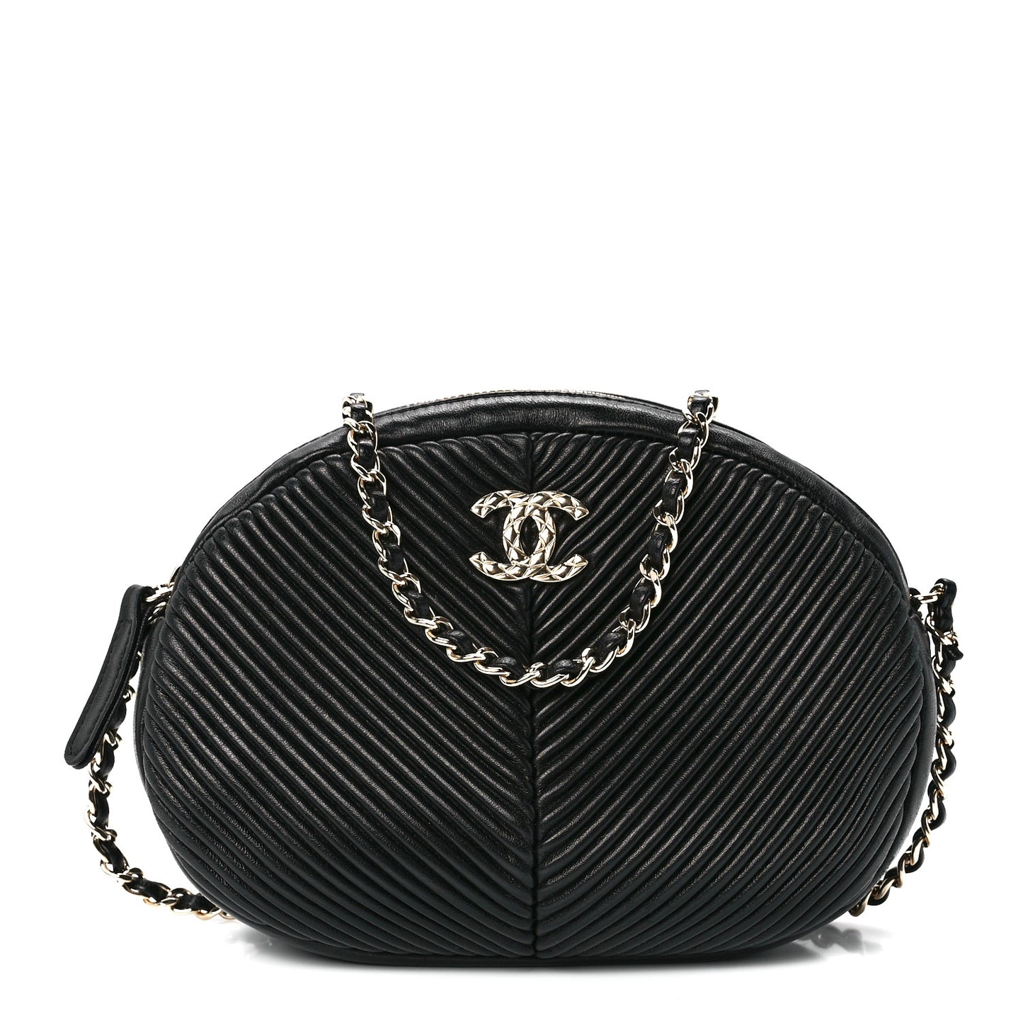 Lambskin Chevron Quilted Small Pleated Crush Camera Case Black