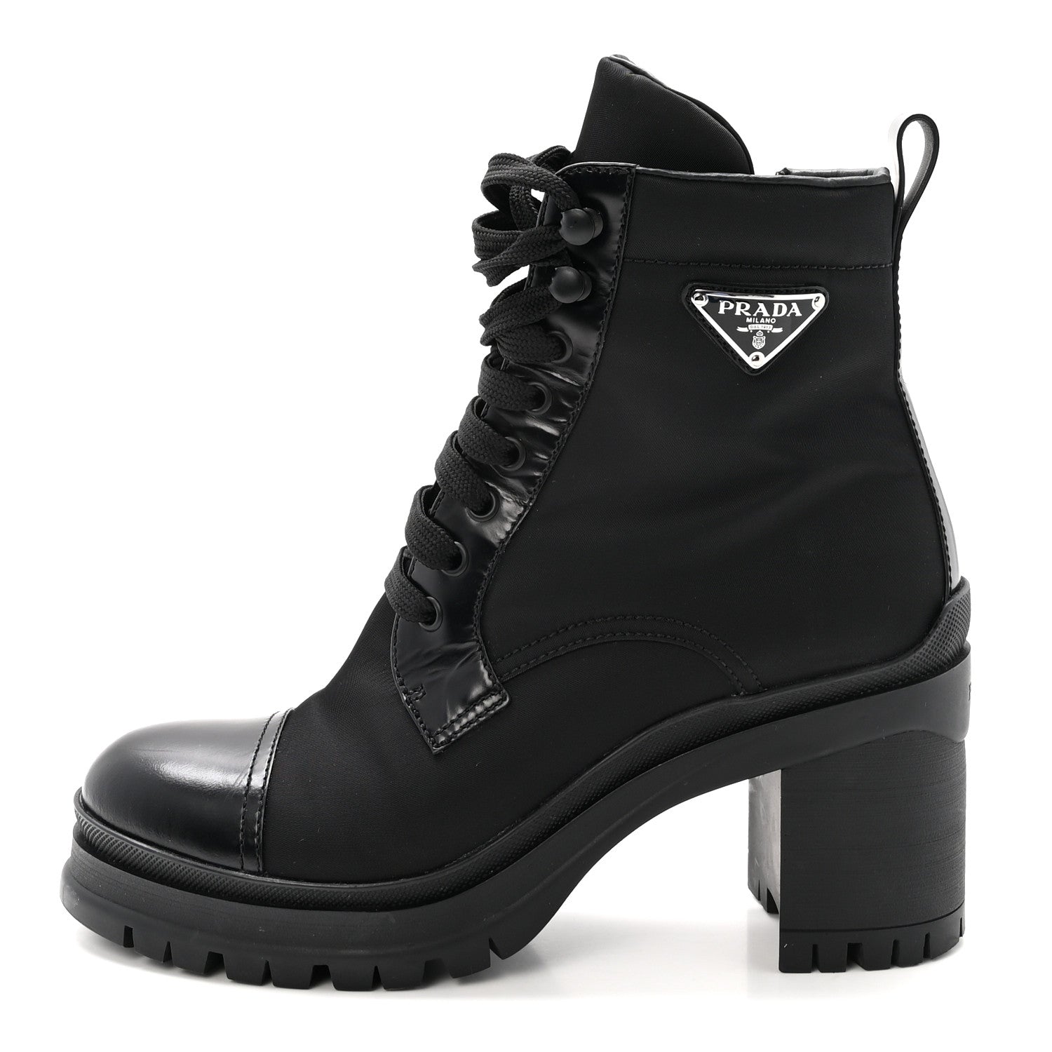 Prada Spazzolato Re-Nylon Metal Triangle Logo Lace Up 55mm Ankle Boots 38.5 Black 1 of 9