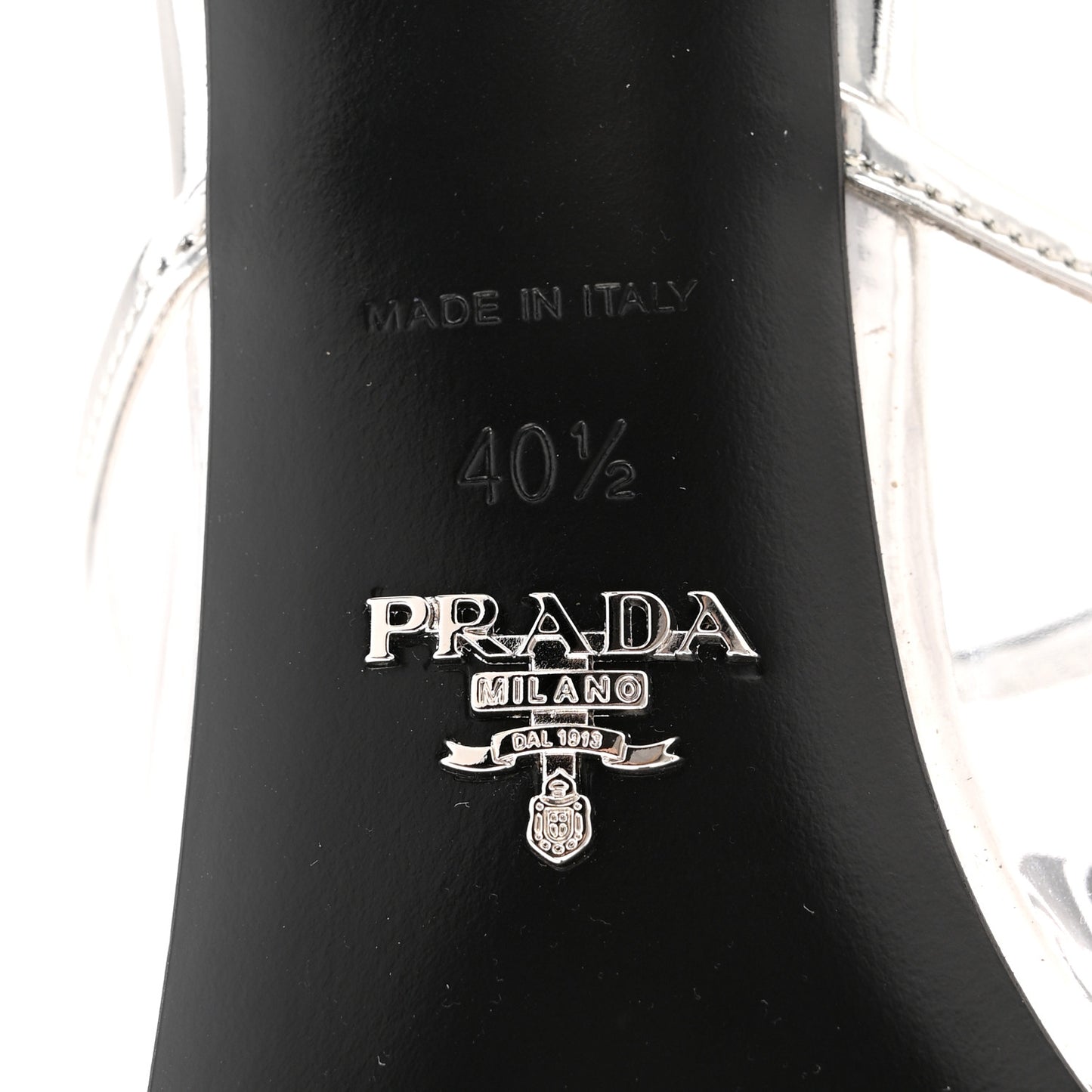 Plexiglass Metallic Calfskin Metal Triangle Logo 75mm Slide Sandals 40.5 Argento
