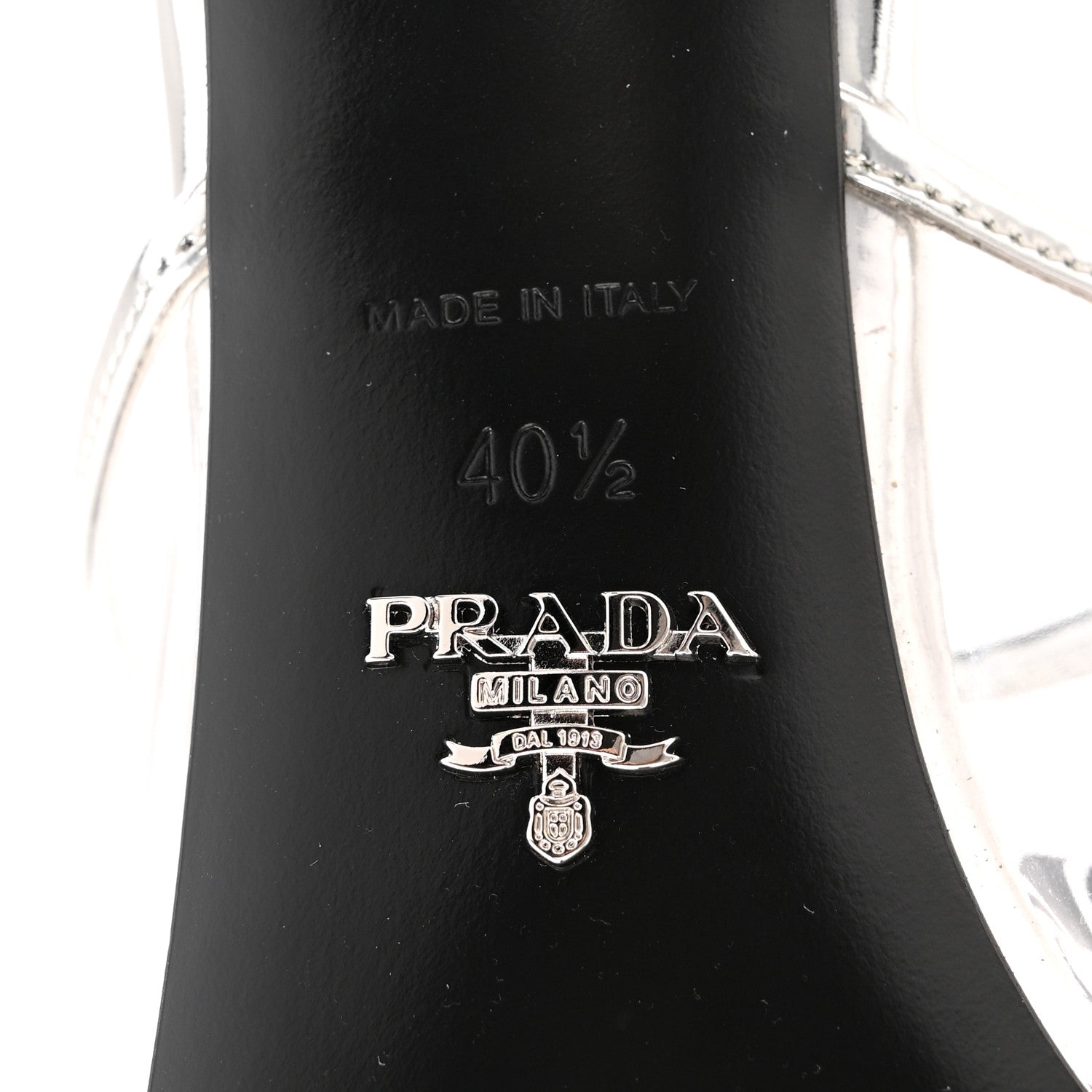 Prada Plexiglass Metallic Calfskin Metal Triangle Logo 75mm Slide Sandals 40.5 Argento 8 of 10