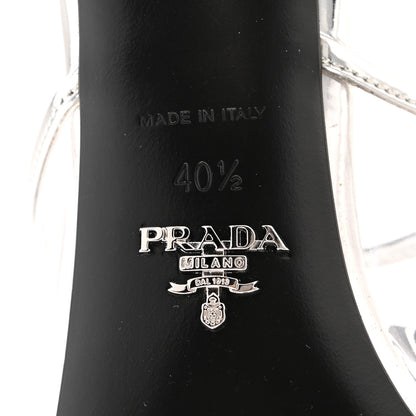 Prada Plexiglass Metallic Calfskin Metal Triangle Logo 75mm Slide Sandals 40.5 Argento 8 of 10