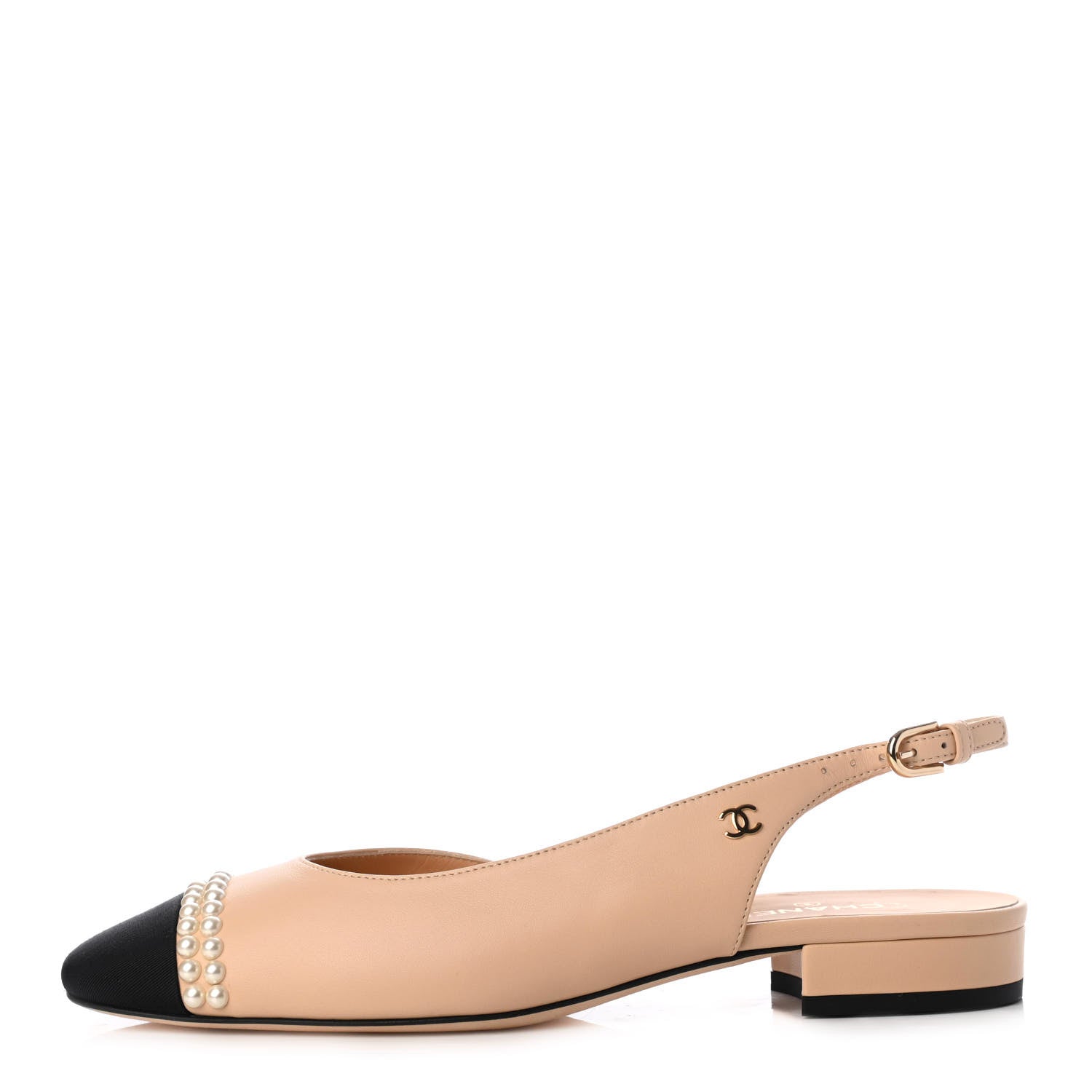 Chanel Lambskin Grosgrain Pearl Cap Toe CC Slingback Flats 37.5 Beige Black 2 of 20