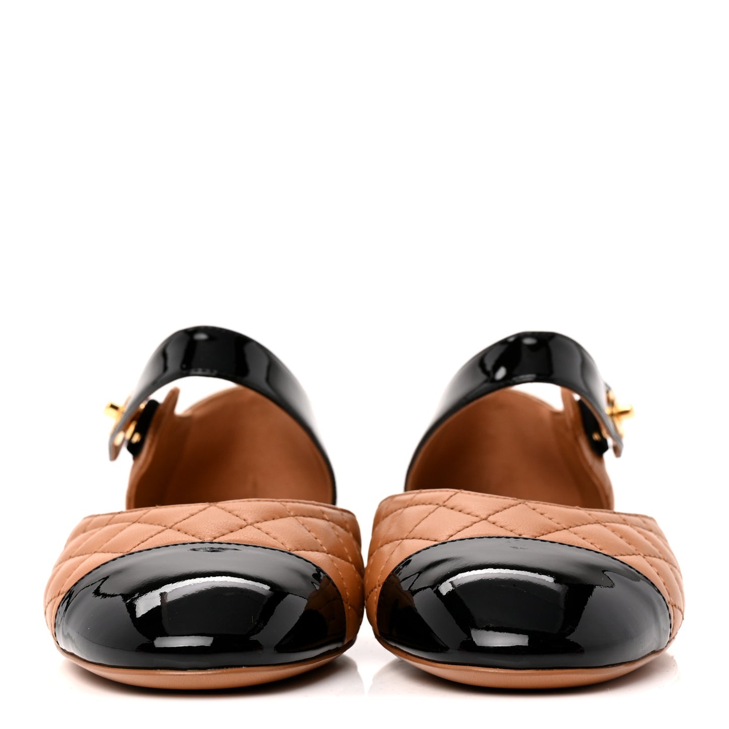 Patent Lambskin Quilted Cap Toe Ballerina Flats 38.5 Light Brown Black