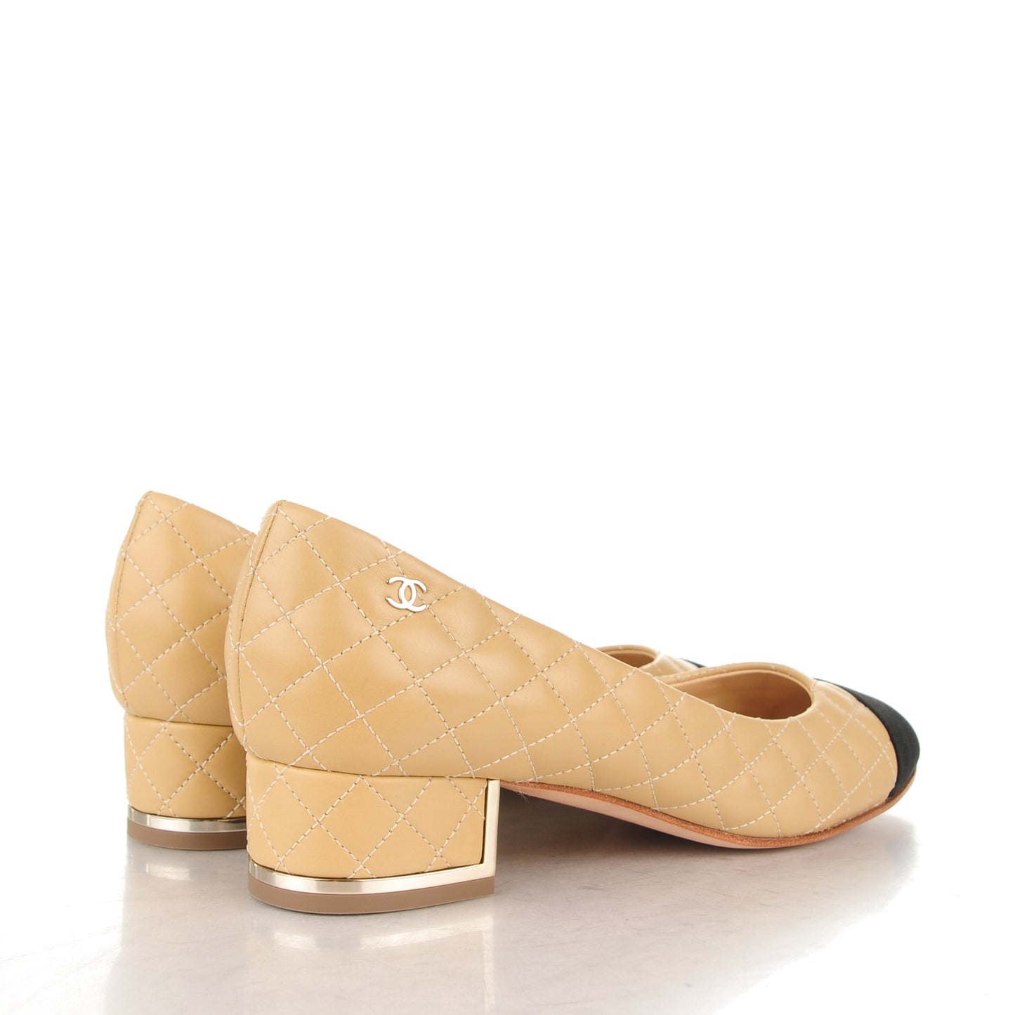 Calfskin Grosgrain Quilted CC Cap Toe Low Heel Pumps 36 Beige Black