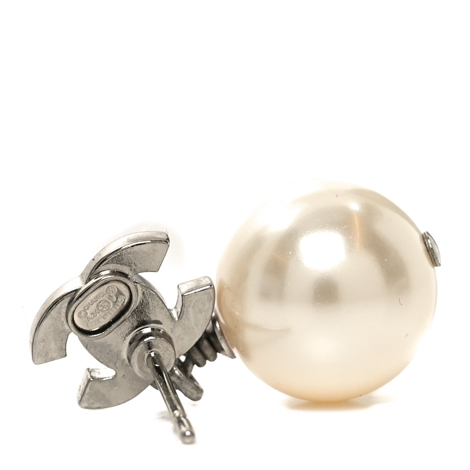 Chanel Crystal Pearl CC Drop Earrings Silver Pearly White 4 of 5