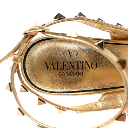 Valentino Garavani Boucle Raffia Metallic Calfskin Rockstud Ankle Strap 100mm Pumps 35 Gold Mekong 9 of 9