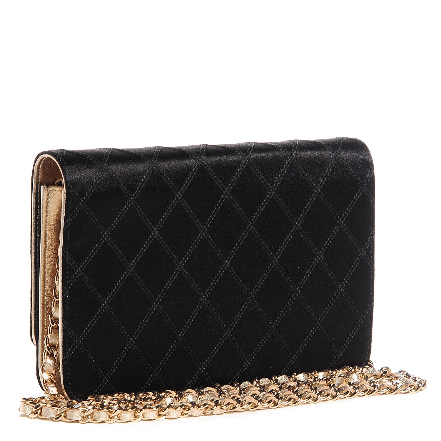 Chanel Satin Diamond Stitch Wallet On Chain WOC Black Gold 3 of 8