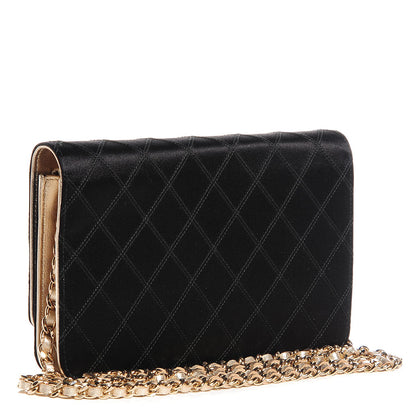Chanel Satin Diamond Stitch Wallet On Chain WOC Black Gold 3 of 8