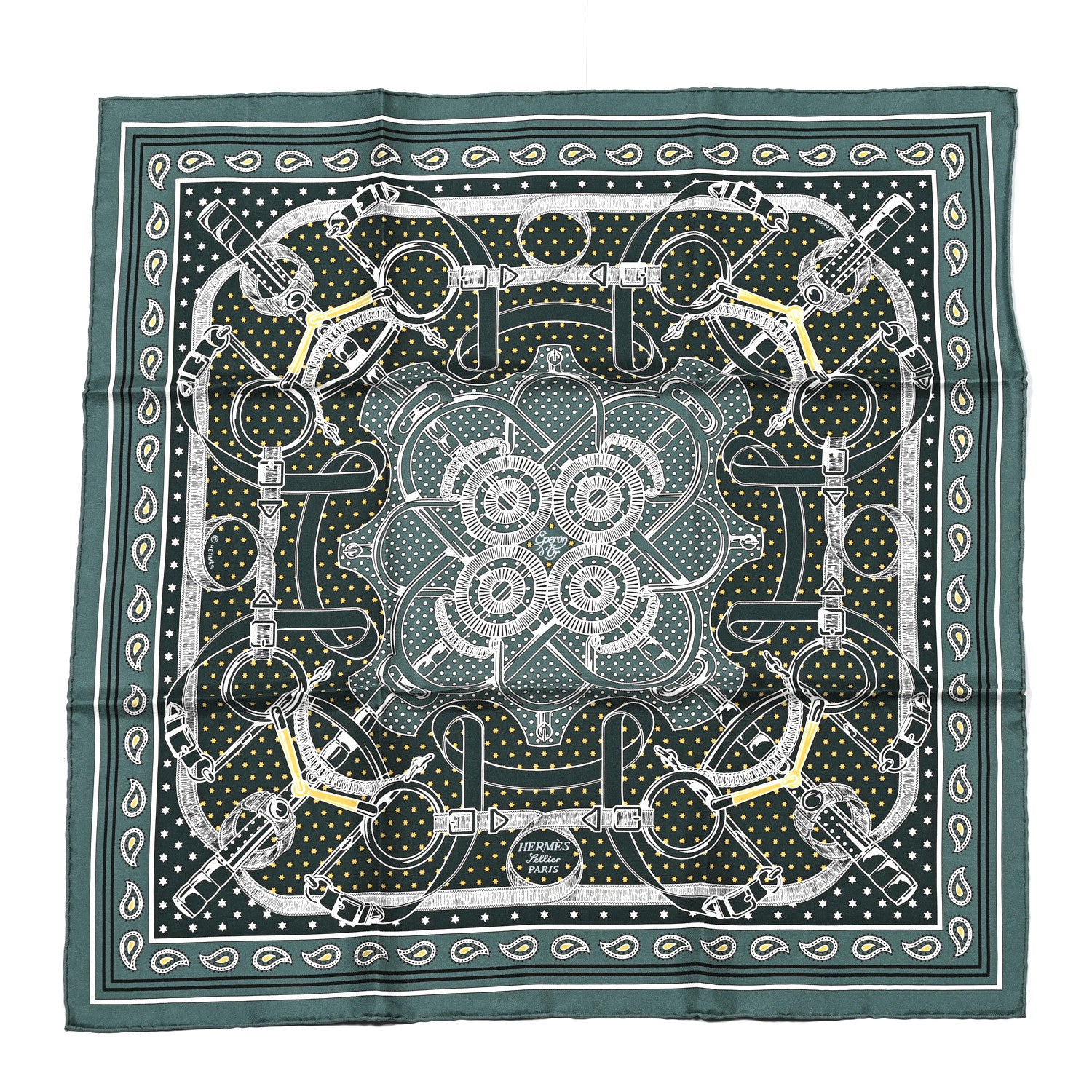 Hermes Silk Eperon D'Or Bandana Shawl 55 Vert Cypres White Black 1 of 5