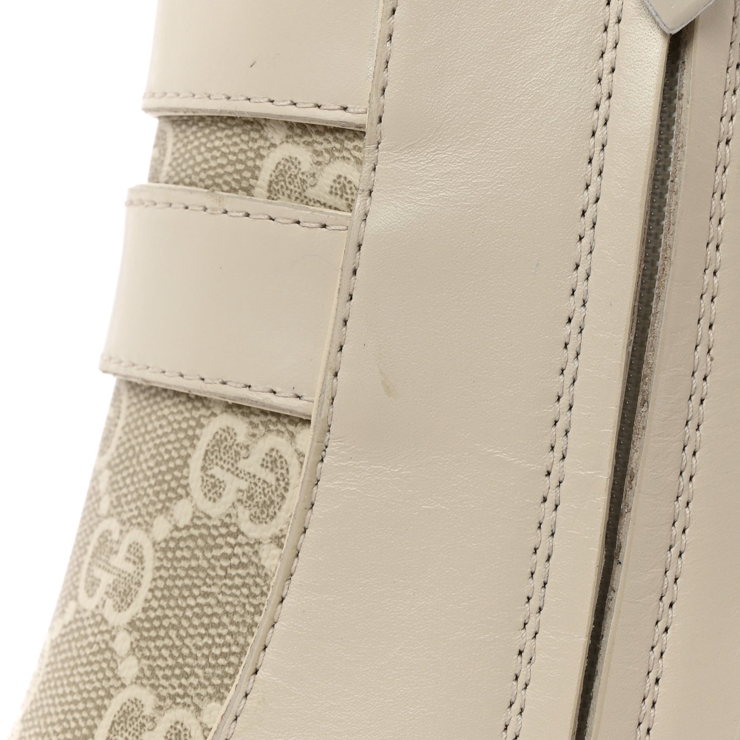 Kensington Calfskin Nappa GG Supreme Monogram Womens Double Buckle Ankle Boots 36.5 Mystic White Beige
