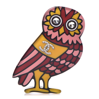 Chanel Resin Crystal Owl CC Brooch Pink Dark Red 1 of 5