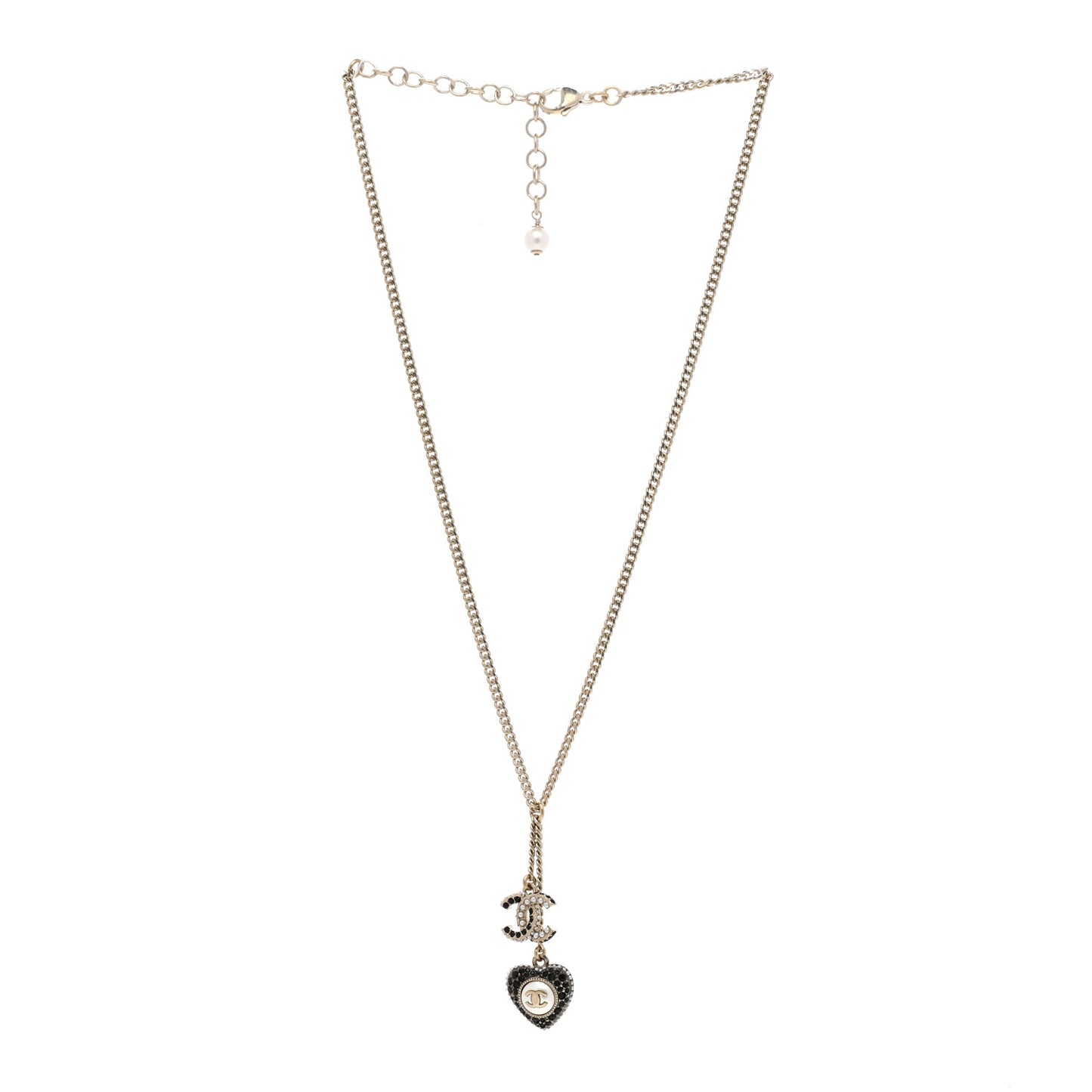 Pearl Crystal CC Heart Necklace Gold Pearly White Black