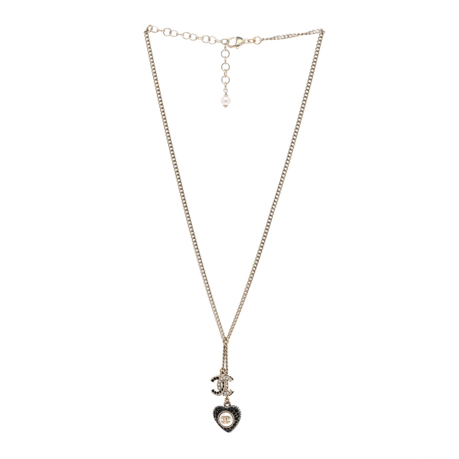 Chanel Pearl Crystal CC Heart Necklace Gold Pearly White Black 3 of 6