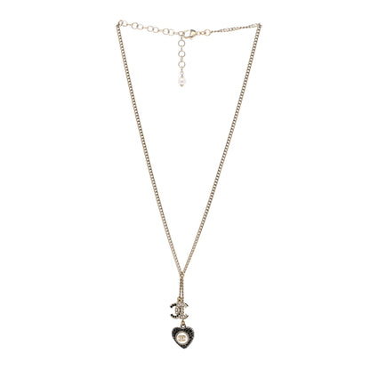 Chanel Pearl Crystal CC Heart Necklace Gold Pearly White Black 3 of 6