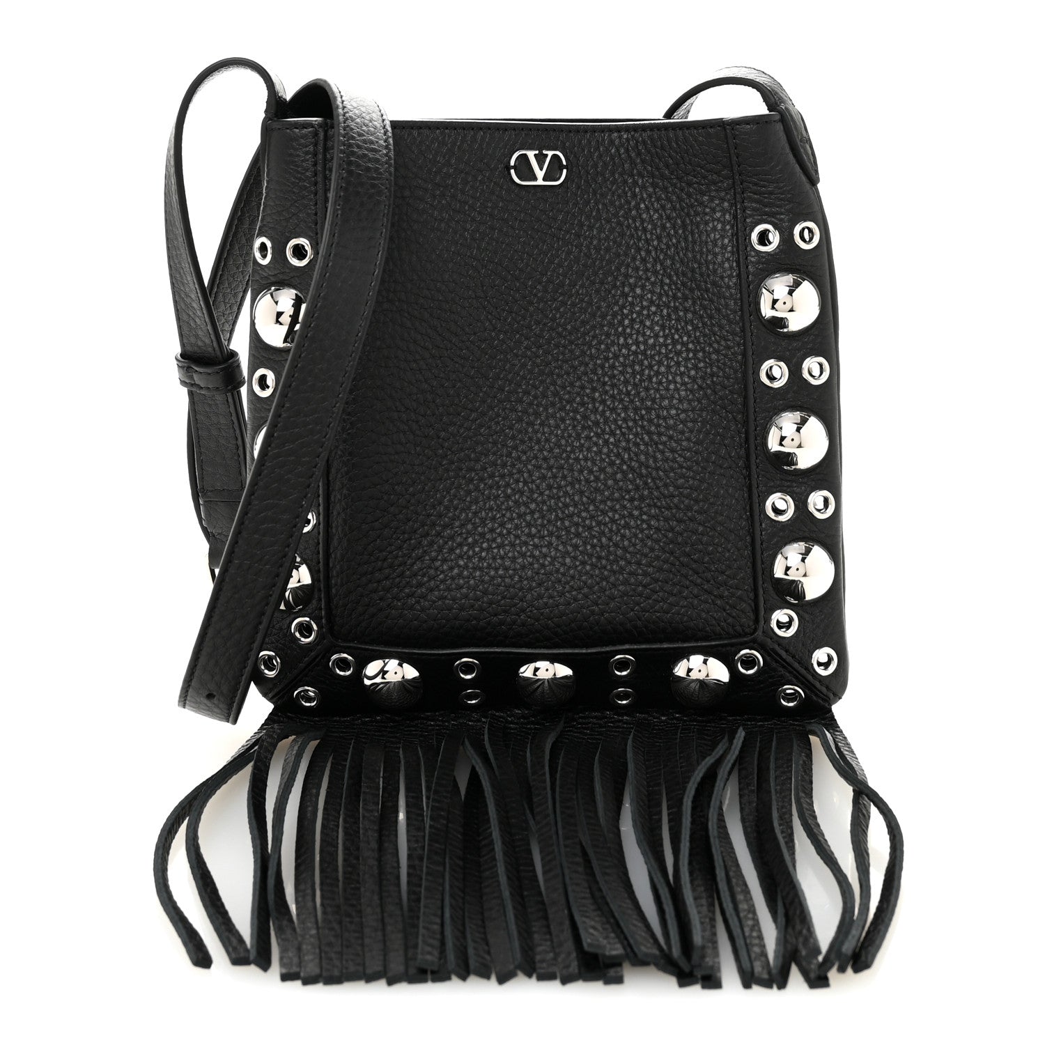 Valentino Garavani Grained Calfskin Studded Nellcote Fringe Shoulder Bag Black 1 of 9