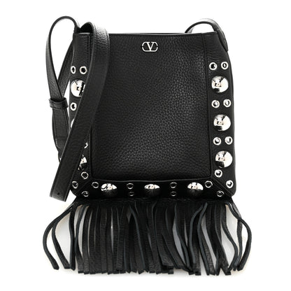 Valentino Garavani Grained Calfskin Studded Nellcote Fringe Shoulder Bag Black 1 of 9