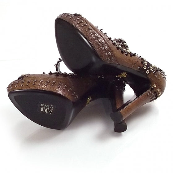 Leather Studded Platform Peep Toes 38 Brown