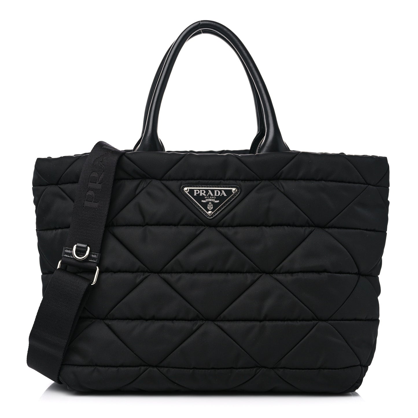 Re-Nylon Nappa Triangle Quilted Padded Small Double Handled Zip Tote Black