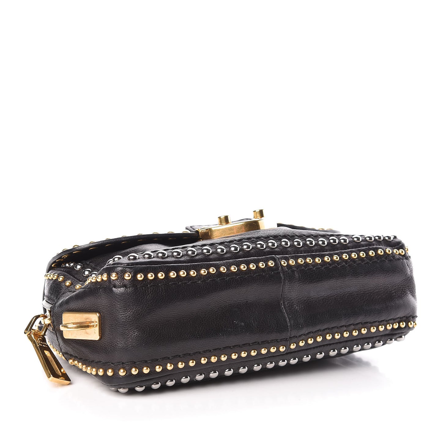 Glace Calf Studded Pushlock Chain Shoulder Bag Black