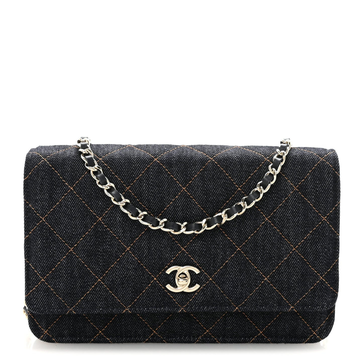 Denim Quilted CC Turnlock Wallet On Chain WOC Dark Blue Orange