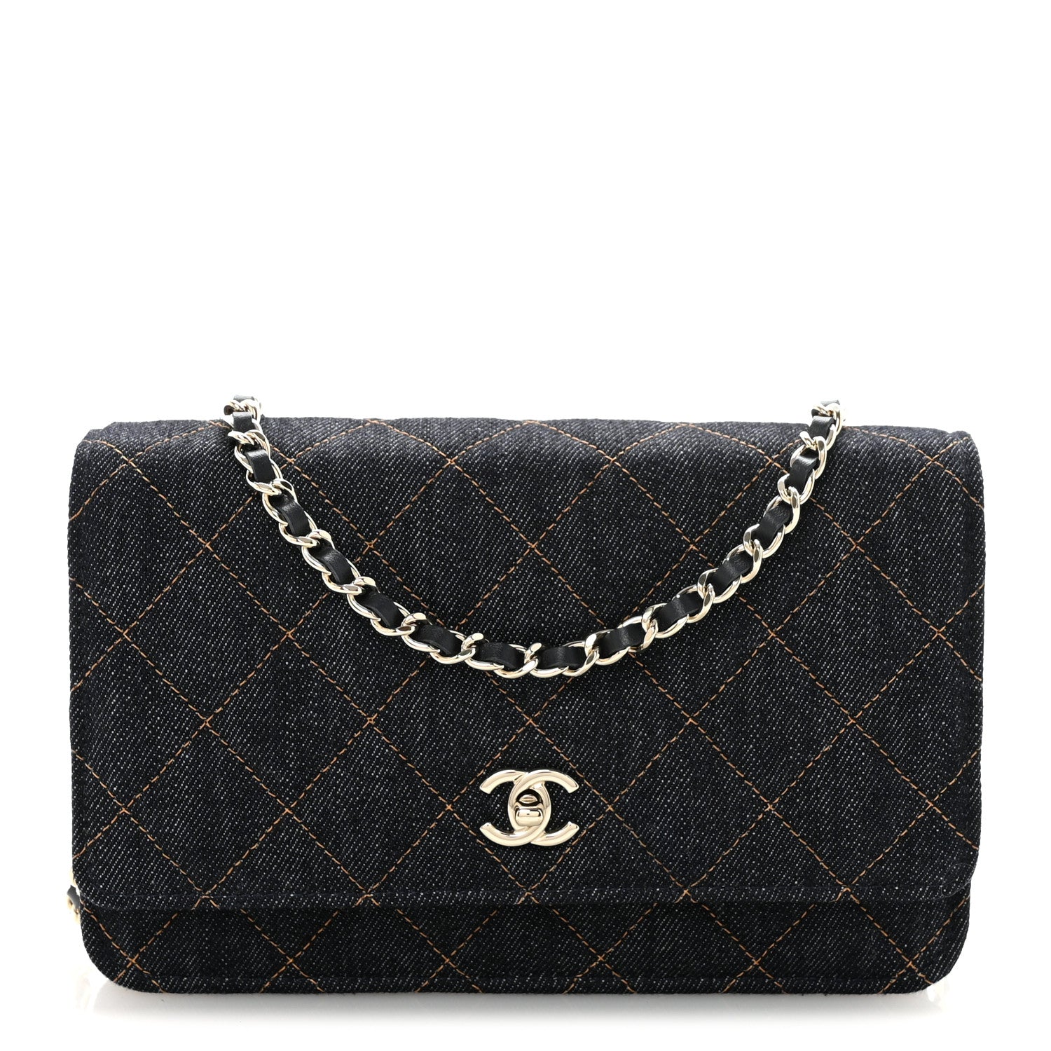 Chanel Denim Quilted CC Turnlock Wallet On Chain WOC Dark Blue Orange 1 of 12