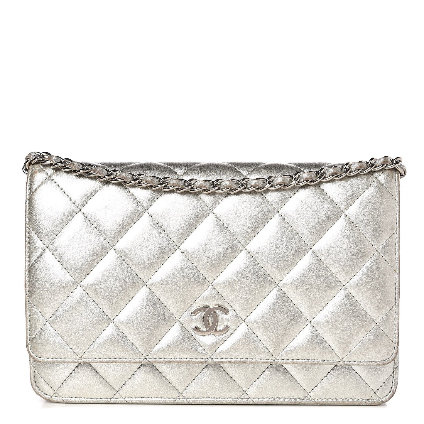 Metallic Lambskin Wallet On Chain WOC Silver