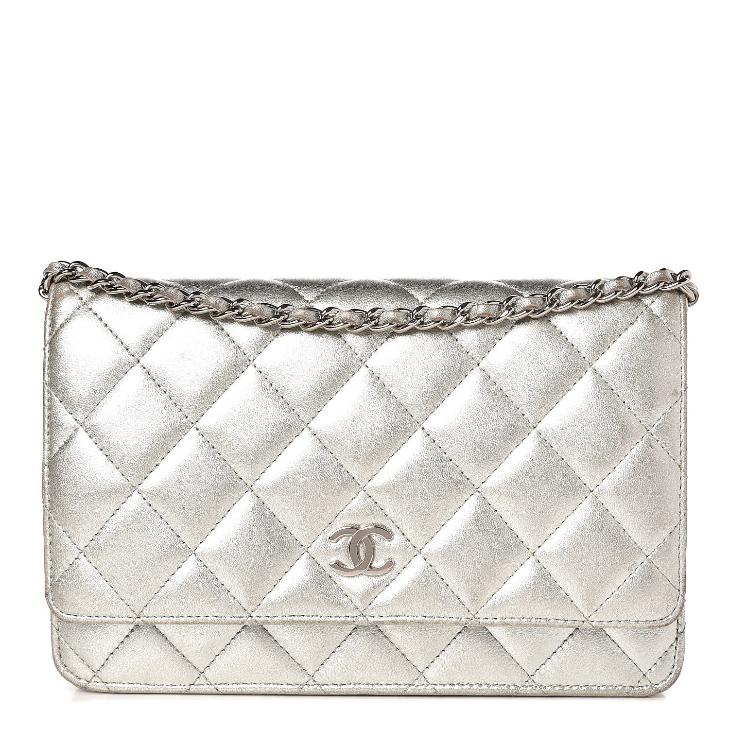 Chanel Metallic Lambskin Wallet On Chain WOC Silver 1 of 14