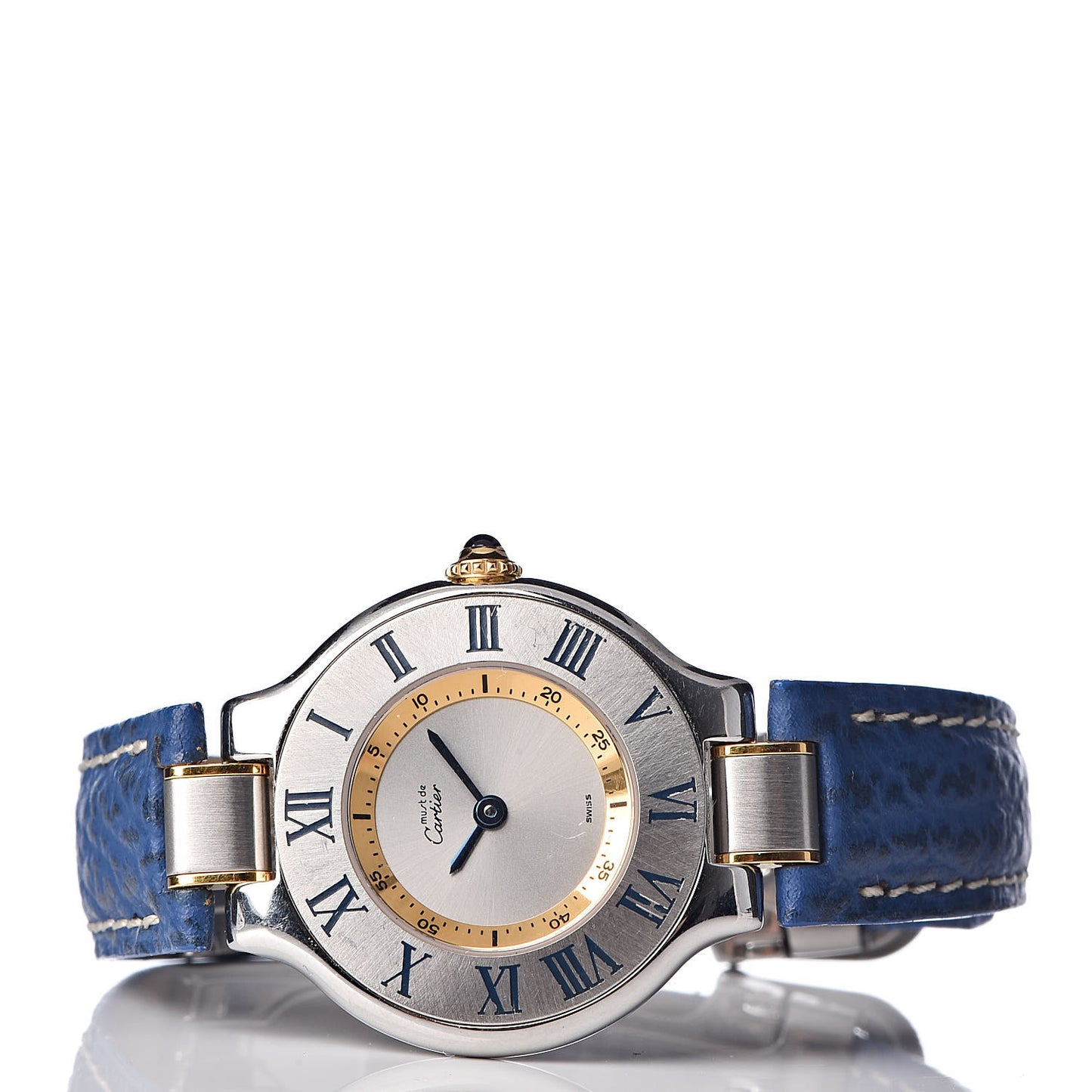 Stainless Steel 18K Yellow Gold Calfskin 28mm Must De 21 Quartz Watch Blue