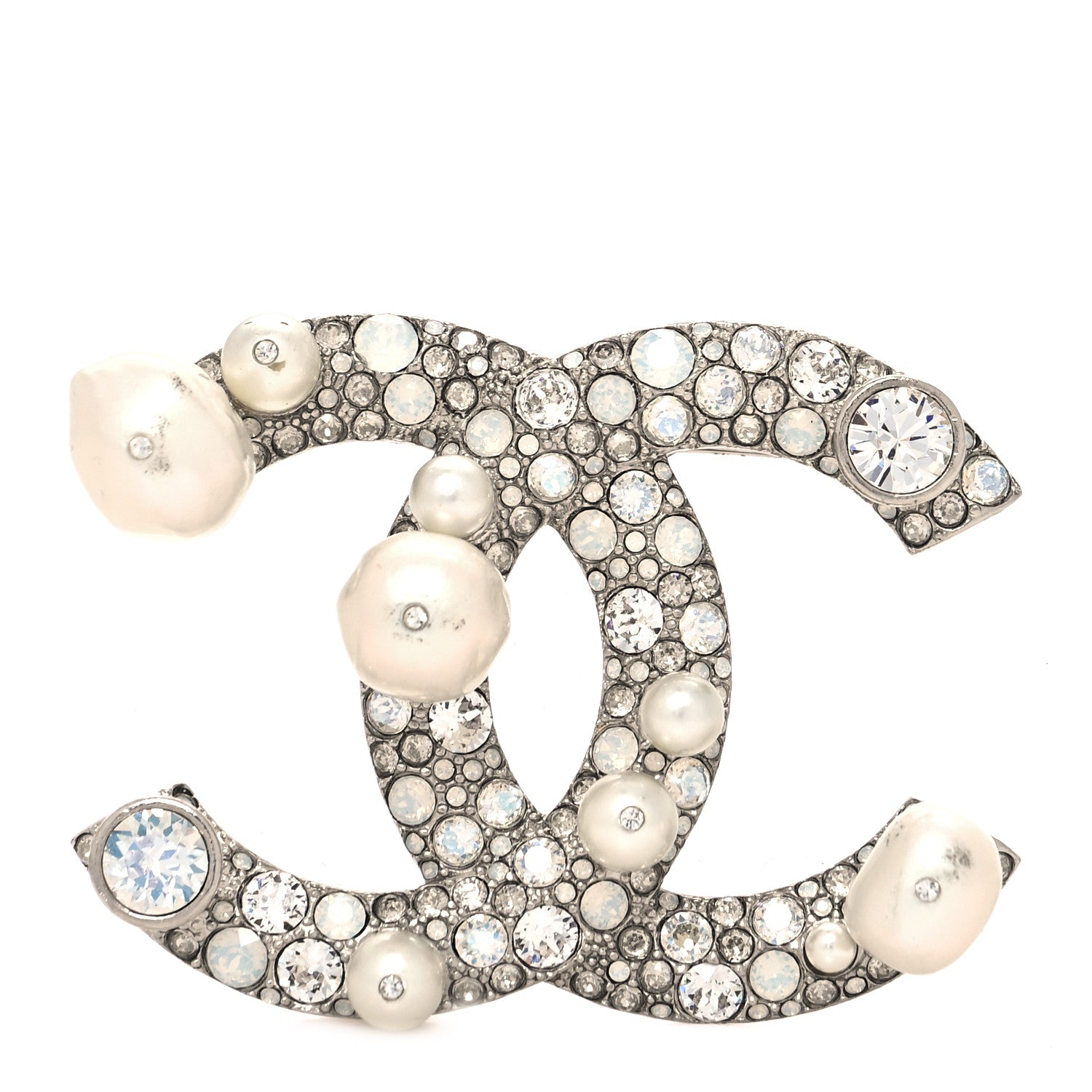Chanel Pearl Crystal CC Mini Brooch Silver 1 of 5