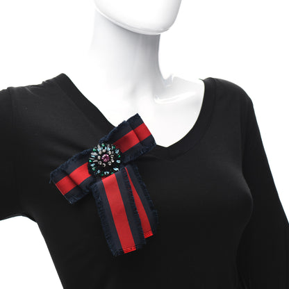 Gucci Grosgrain Web Crystal Bow Brooch Blue Red 2 of 5