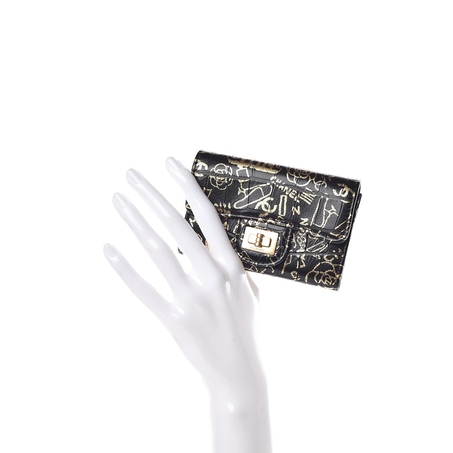 Calfskin Crocodile Embossed Graffiti 2.55 Cocodile Reissue Flap Card Holder Black Gold