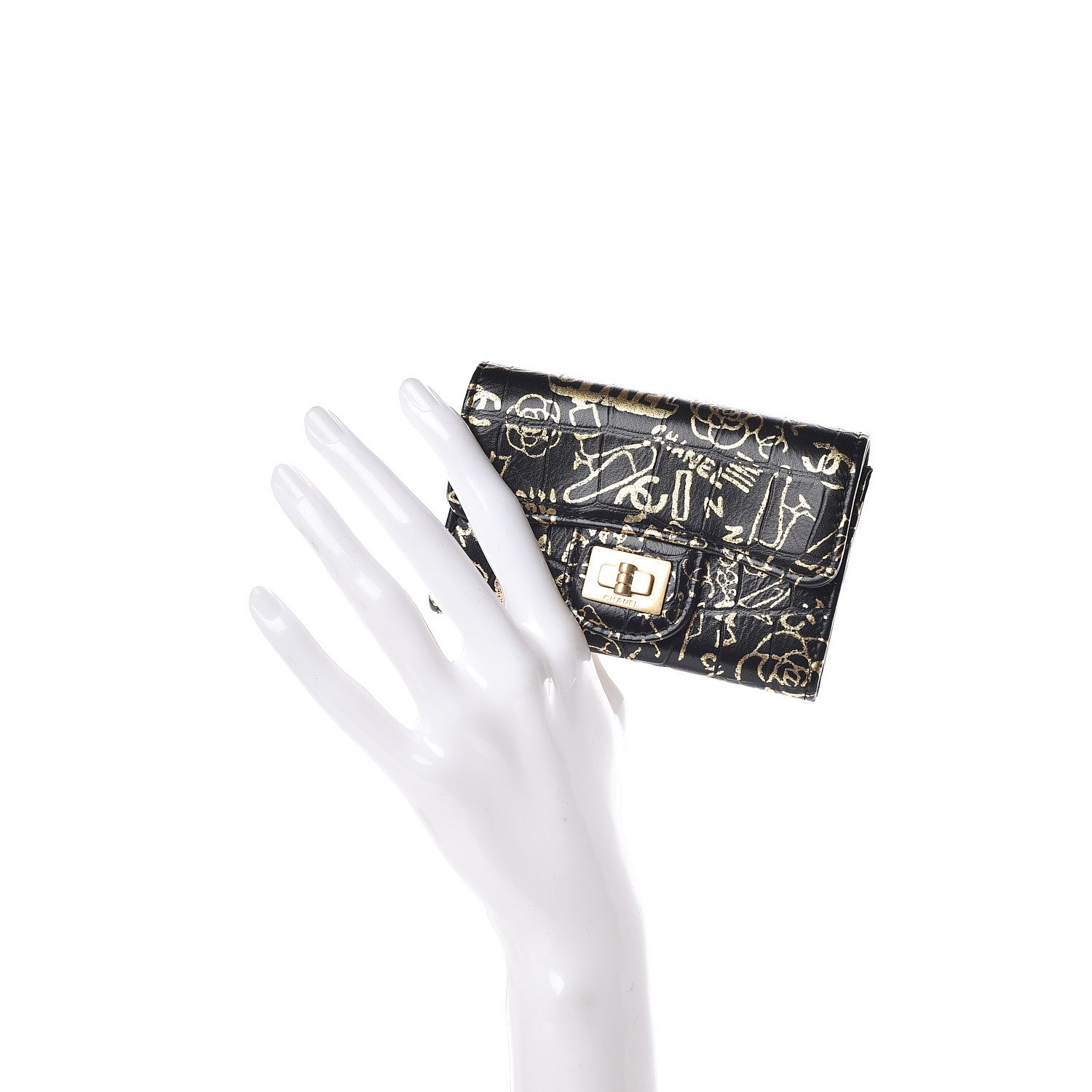 Chanel Calfskin Crocodile Embossed Graffiti 2.55 Cocodile Reissue Flap Card Holder Black Gold 2 of 10