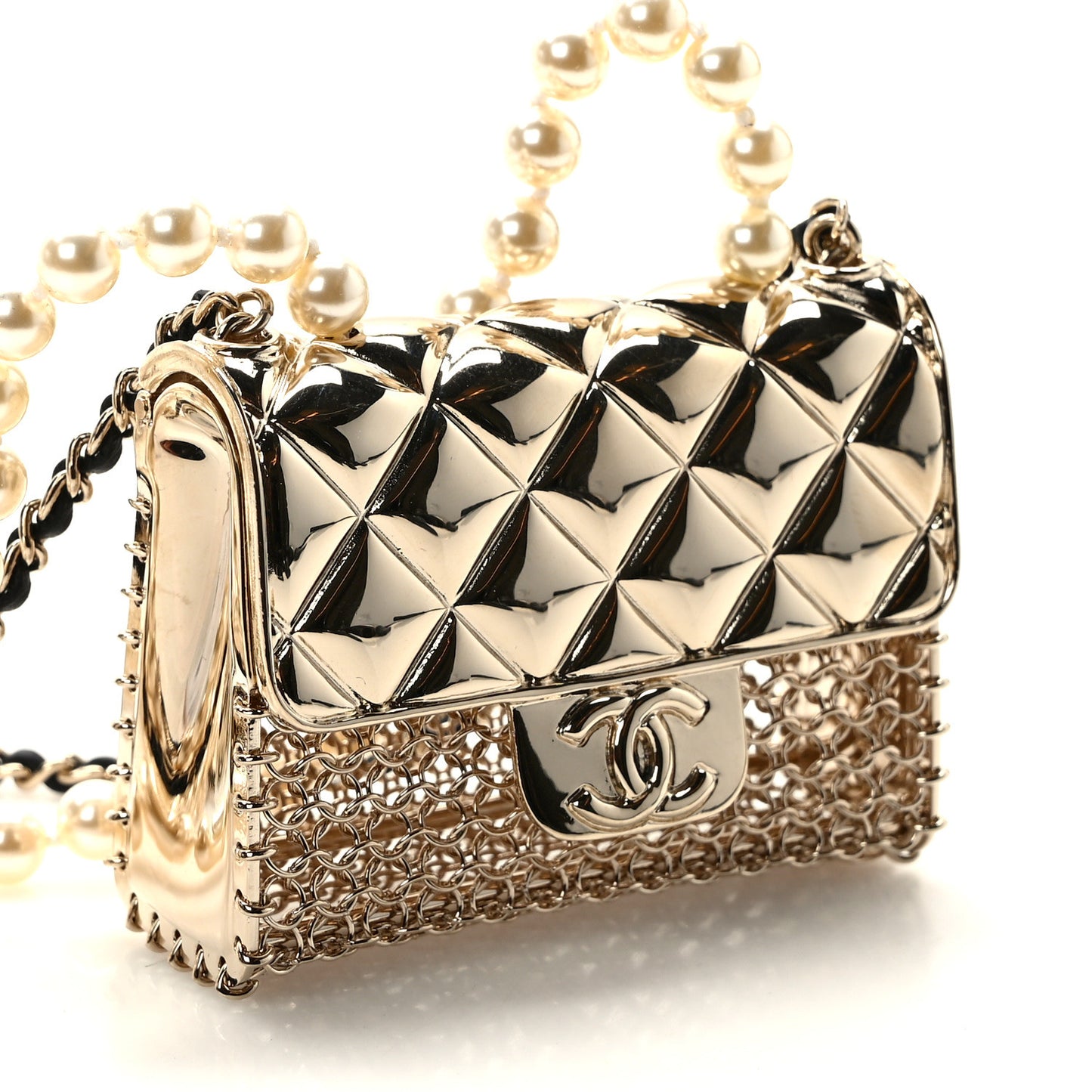 Metal Lambskin Pearl Chain Flap Bag Multi Strand Long Necklace Gold Black Pearly White